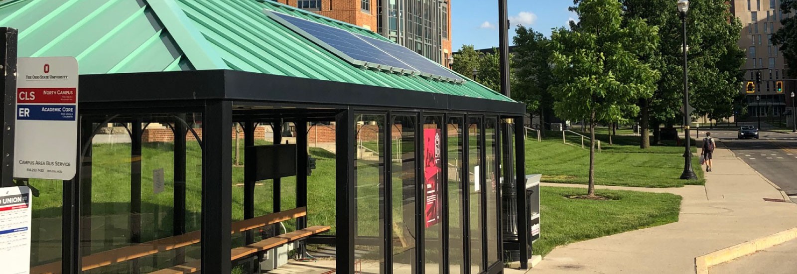 Solar panels on top of the bus stop at the Union on the Ohio State campus. 