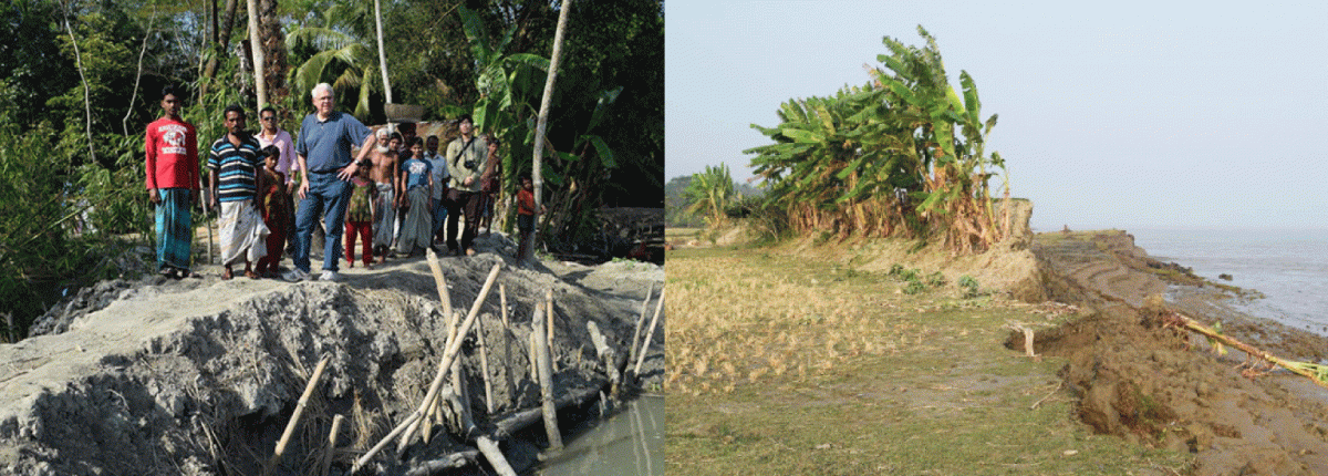 Left: Craig Jenkins standing alongside a temporary repair in an embankment that protects 5,000 people's homes. Right: An eroded rice field alongside a river in Bangladesh. 