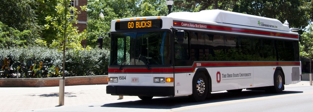 Ohio State bus driving on campus. 
