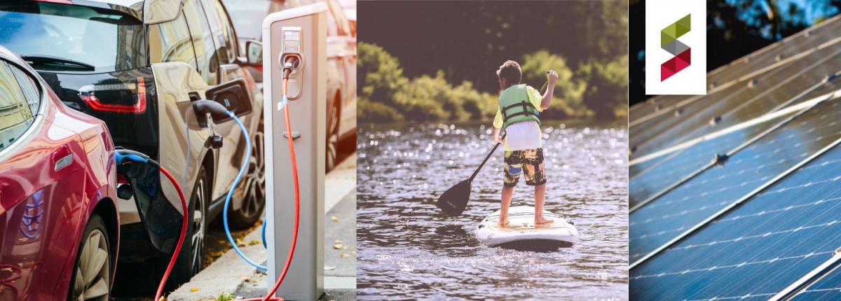 Imagethree photos. One: Electric vehicles charging. Two: boy on paddle board. Three: solar panels