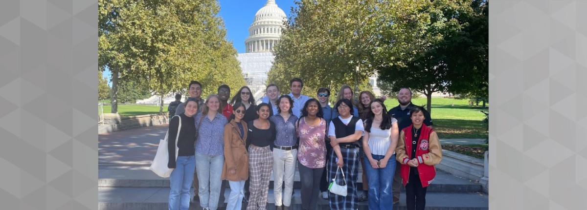 Group picture of SUSTAINS students and advisors in front of the U.S. Capitol building.