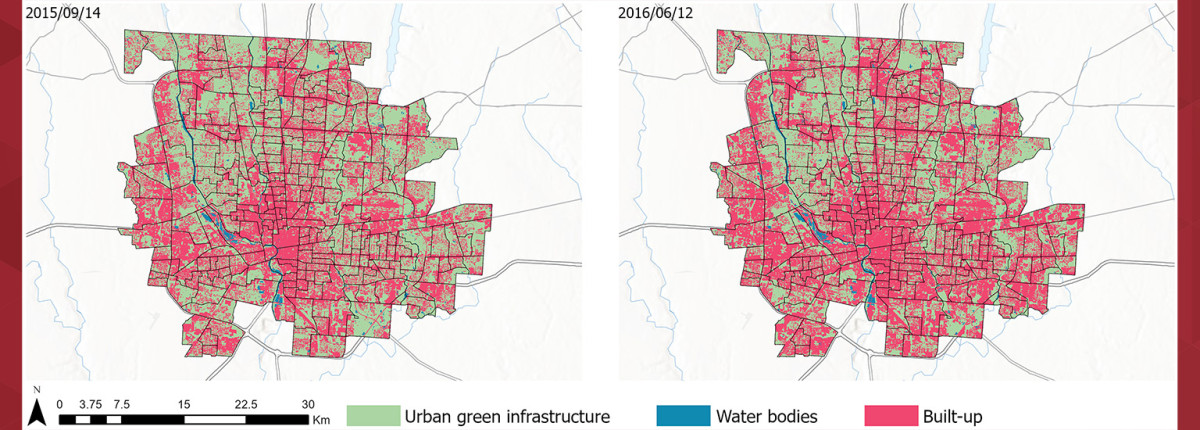 Graphics showing green space distribution across Columbus, Ohio in different years.