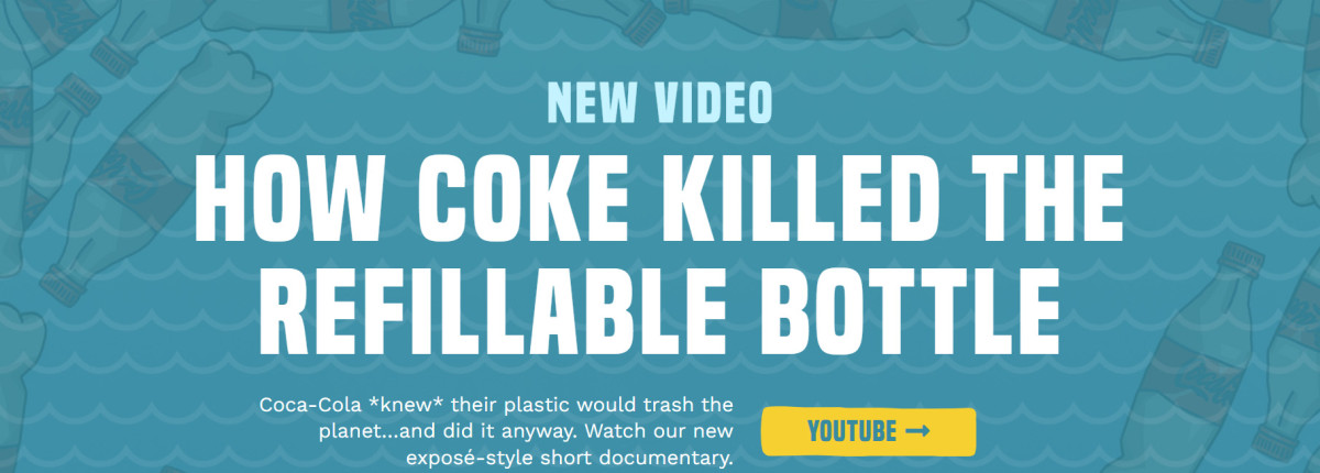Documentary film title with cartoon plastic bottles floating in blue water background