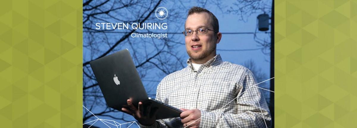 photo of Steven Quiring holding a laptop outside with the words Stephen Quiring Climatologist in corner