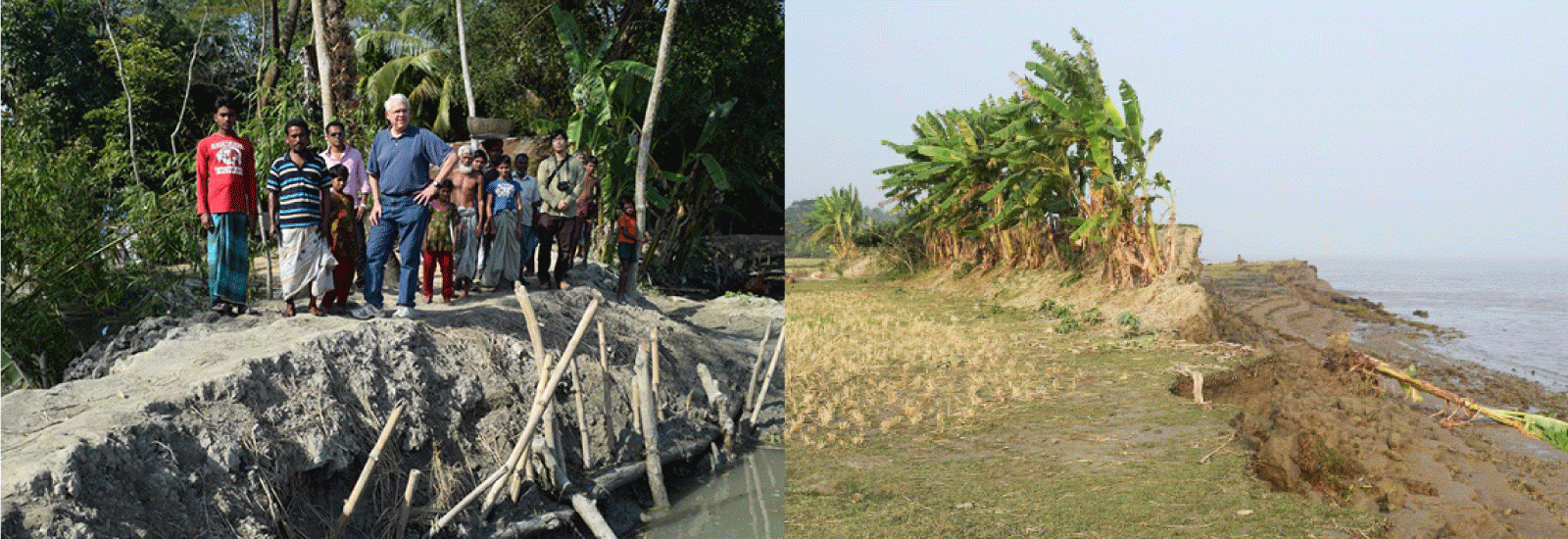 Left: Craig Jenkins standing alongside a temporary repair in an embankment that protects 5,000 people's homes. Right: An eroded rice field alongside a river in Bangladesh. 