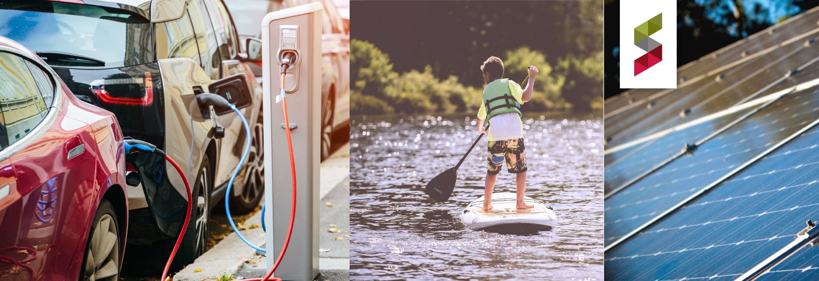 Imagethree photos. One: Electric vehicles charging. Two: boy on paddle board. Three: solar panels