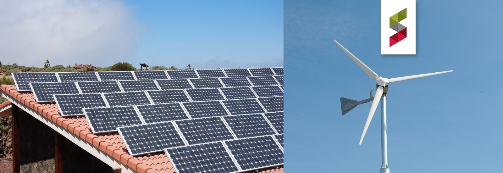 picture of solar panels on left; picture of wind turbine on right