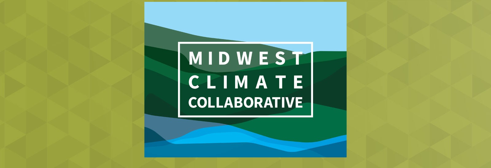 rectangle with blue and green wave images and a white square with the words “Midwest Climate Collaborative”