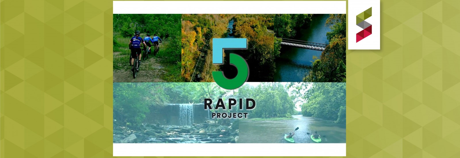 green banner with image of bicyclists, water ways, kayakers and "Rapid 5"