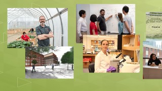 collage of photos: microfarm, professor with students, preserve diagram, 3 women speaking, professor in lab, rendering of new research building