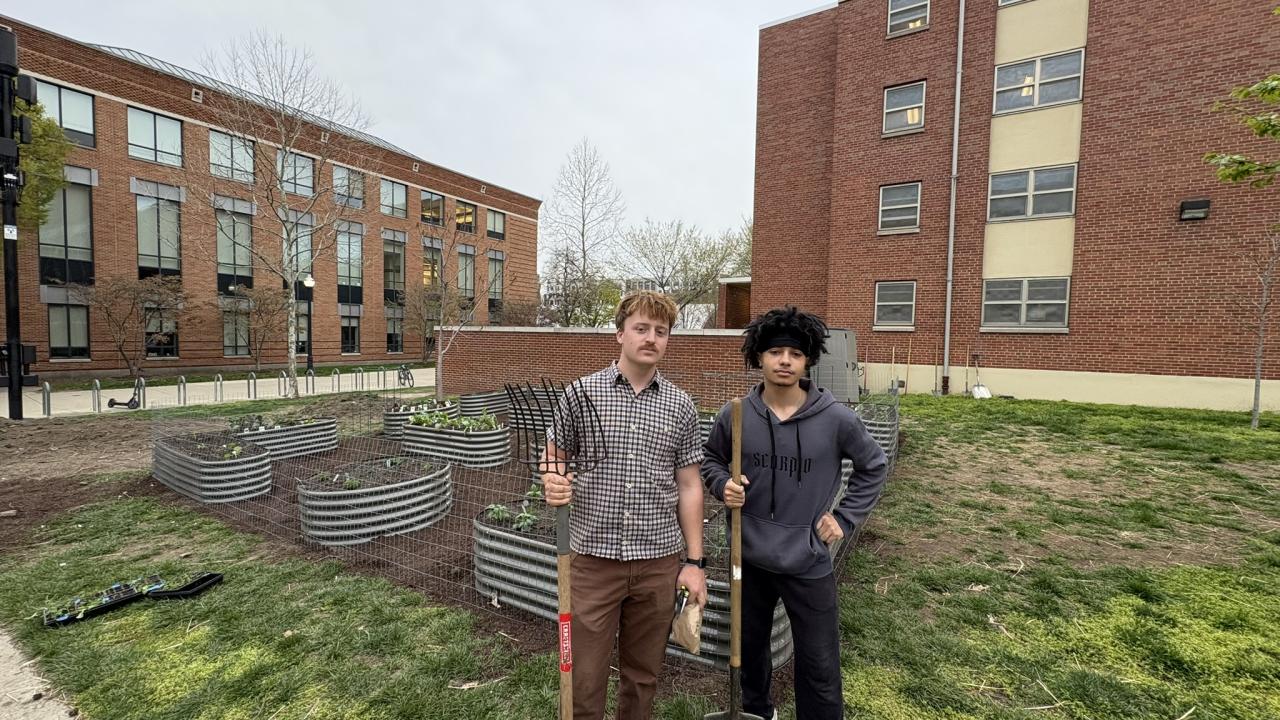 Students near container garden