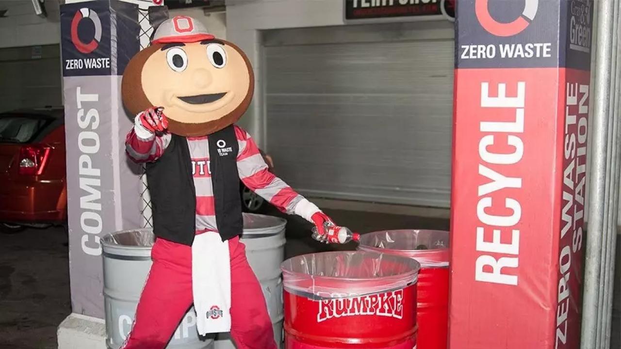 Brutus mascot recycling plastic bottle